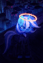 Size: 2599x3825 | Tagged: safe, artist:menalia, imported from derpibooru, oc, oc only, oc:freezy coldres, pony, unicorn, building, city, cityscape, clothes, emotionless, female, halo, horn, jacket, mare, night, outdoors, pants, rooftop, shirt, shoes, solo, standing, unicorn oc