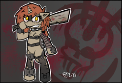 Size: 1338x911 | Tagged: safe, artist:scarletdoodle, imported from derpibooru, oc, oc only, oc:rusty edge, pony, unicorn, fallout equestria, armor, armored pony, bipedal, blood, blood stains, brown coat, clothes, fallout, female, machete, mare, orange mane, raider, ripped stockings, solo, stockings, thigh highs, torn clothes, weapon, yellow eyes