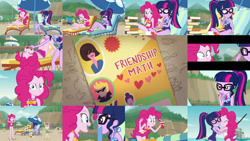 Size: 1280x721 | Tagged: safe, editor:quoterific, imported from derpibooru, pinkie pie, sci-twi, twilight sparkle, human, equestria girls, equestria girls series, friendship math, barefoot, beach, beach ball, clothes, cupcake, eyes closed, feet, female, food, glasses, hug, legs, lily pad (g4), magazine, one-piece swimsuit, open mouth, soda, swimsuit