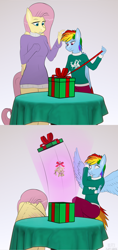 Size: 3000x6372 | Tagged: safe, artist:fluffyorbiter, imported from derpibooru, fluttershy, rainbow dash, anthro, pegasus, box, clothes, comic, covering, drapes, duo, female, flutterdash, height difference, lesbian, mistletoe, present, pulling, scared, scaredy dash, shipping, size difference, smoldash, spread wings, sweater, sweatershy, table, tallershy, wing covering, wings