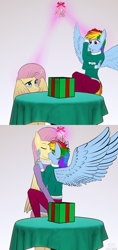 Size: 3000x6370 | Tagged: safe, artist:fluffyorbiter, imported from derpibooru, fluttershy, rainbow dash, anthro, pegasus, box, clothes, comic, covering, drapes, duo, female, flutterdash, height difference, kiss on the lips, kissing, lesbian, mistletoe, present, scaredy dash, shipping, size difference, smoldash, spread wings, sweater, sweatershy, table, tallershy, wing covering, wings