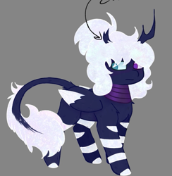 Size: 651x666 | Tagged: safe, artist:notthebadguy, imported from derpibooru, oc, oc only, oc:midnight sacrament, pegasus, pony, antlers, blushing, broken horn, colored hooves, colored wings, curly hair, curly mane, eye clipping through hair, gray background, heterochromia, horns, leonine tail, looking away, old art, pegasus oc, pegasus wings, shy, simple background, solo, stripes, tail, wings