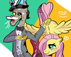 Size: 2500x2000 | Tagged: safe, artist:papacruda09, idw, imported from derpibooru, accord, fluttershy, draconequus, pegasus, pony, blushing, butt, duo, duo male and female, female, flutterbutt, looking at each other, looking at someone, male, mare, open mouth, plot, smiling, spread wings, tail, tail pull, wavy mouth, wings