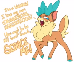 Size: 4096x3386 | Tagged: safe, artist:mrneo, imported from derpibooru, deer, reindeer, them's fightin' herds, chest fluff, cloven hooves, colored hooves, colored pinnae, community related, doe, ear markings, expiration date, female, looking at you, no pupils, open mouth, pale belly, quote, raised hoof, seduce me, side view, simple background, solo, spy, talking to viewer, team fortress 2, velvet (tfh), white background