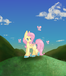 Size: 1000x1157 | Tagged: safe, artist:pagophasia, derpibooru exclusive, imported from derpibooru, fluttershy, butterfly, pegasus, pony, cloud, colored hooves, daytime, eye reflection, female, full body, grass, hill, impossibly long eyelashes, looking at something, looking back, reflection, sky, smiling, solo, unshorn fetlocks, walking, wings