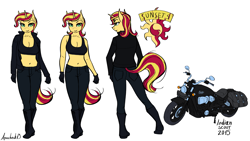 Size: 2560x1440 | Tagged: safe, artist:apocheck13, imported from derpibooru, sunset shimmer, anthro, unicorn, biker, breasts, cleavage, clothes, cutie mark, female, helmet, jacket, leather, leather jacket, midriff, motorcycle, motorcycle helmet, reference sheet, simple background, solo, white background