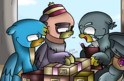 Size: 1934x1267 | Tagged: safe, artist:beesmeliss, imported from derpibooru, gabby, gallus, grampa gruff, griffon, box, chibi