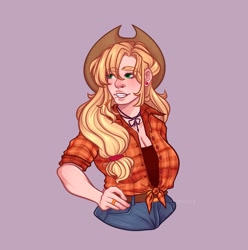 Size: 2609x2630 | Tagged: safe, artist:rubimlp6, imported from derpibooru, applejack, human, applejack's hat, belt, clothes, cowboy hat, cute, denim, ear piercing, earring, female, flannel, freckles, grin, hat, humanized, jackabetes, jeans, jewelry, pants, piercing, purple background, ring, shirt, simple background, smiling, solo, stetson, straw in mouth, tanktop