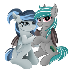 Size: 2303x2369 | Tagged: safe, artist:andaluce, artist:rainbowšpekgs, imported from derpibooru, oc, oc only, oc:haze northfleet, oc:malachite cluster, bat pony, pegasus, pony, derpibooru community collaboration, 2023 community collab, bat pony oc, bat wings, cute, female, high res, holding hooves, hug, pegasus oc, simple background, smiling, transparent background, winghug, wings