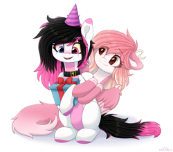 Size: 3675x3240 | Tagged: safe, artist:ev04ka, artist:ev04kaa, imported from derpibooru, oc, oc only, oc:latandra sweetberry, oc:lunylin, pegasus, pony, birthday, collar, colored belly, colored ears, colored eartips, colored hooves, darker belly, duo, eye clipping through hair, eyebrows, eyebrows visible through hair, facial markings, female, hat, heterochromia, mare, open mouth, party hat, pegasus oc, present, simple background, sitting, white background, yellow sclera