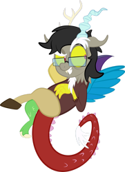 Size: 1280x1764 | Tagged: safe, artist:alexdti, imported from derpibooru, discord, oc, oc:purple creativity, clothes, costume, crossed legs, glasses, simple background, solo, transparent background