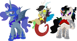 Size: 1920x1030 | Tagged: safe, artist:alexdti, imported from derpibooru, discord, king sombra, nightmare moon, oc, oc:brainstorm (alexdti), oc:purple creativity, oc:star logic, clothes, costume, simple background, transparent background