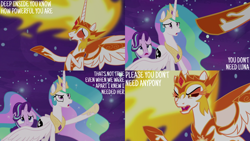 Size: 4400x2475 | Tagged: safe, edit, edited screencap, editor:quoterific, imported from derpibooru, screencap, daybreaker, princess celestia, starlight glimmer, alicorn, pony, unicorn, a royal problem, angry, argument, crown, ethereal mane, ethereal tail, eyes closed, fangs, female, frown, gesture, hoof shoes, implied princess luna, jewelry, mane of fire, mare, open mouth, open smile, peytral, pointing, regalia, scared, smiling, spread wings, swapped cutie marks, tail, trio, trio female, wings