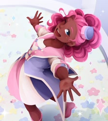 Size: 1230x1377 | Tagged: safe, artist:applesartt, imported from derpibooru, pinkie pie, human, clothes, dark skin, female, flower, hat, humanized, love live!, one eye closed, solo, wink