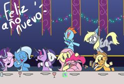 Size: 2190x1491 | Tagged: safe, artist:sundzy, imported from derpibooru, applejack, derpy hooves, fluttershy, pinkie pie, rainbow dash, rarity, starlight glimmer, trixie, twilight sparkle, earth pony, pegasus, unicorn, cake, christmas, christmas lights, crying, female, food, glass, happy new year, holiday, hoof hold, juice, juice box, mane six, mare, spanish, tripping, wine glass