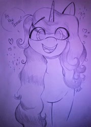 Size: 2909x4072 | Tagged: safe, artist:dsstoner, imported from derpibooru, izzy moonbow, pony, unicorn, female, g5, heart, hi new friend, mare, smiling, solo, sparkles, speech bubble, traditional art