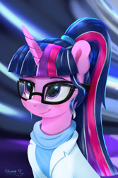 Size: 1500x2250 | Tagged: safe, artist:darksly, imported from derpibooru, sci-twi, twilight sparkle, pony, unicorn, equestria girls, alternate hairstyle, clothes, commission, cute, equestria girls ponified, female, glasses, lab coat, mare, ponified, ponytail, sci-twiabetes, solo, sweater, twiabetes, unicorn sci-twi, unicorn twilight
