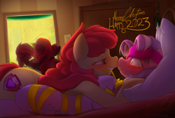 Size: 2684x1817 | Tagged: safe, artist:anonyxnugax, imported from derpibooru, apple bloom, diamond tiara, silver spoon, sweetie belle, earth pony, unicorn, bed, bedroom, blushing, bondage, christmas, diamondbloom, female, gift wrapped, happy new year, hat, holiday, lesbian, looking into each others eyes, mare, missing accessory, mistletoe, older, older apple bloom, older diamond tiara, older silver spoon, older sweetie belle, pillow, present, ribbon, santa hat, shipping, silverbelle, sleep mask, surprised
