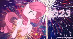 Size: 2110x1137 | Tagged: safe, artist:tanahgrogot, imported from derpibooru, oc, oc only, oc:annisa trihapsari, earth pony, pony, earth pony oc, eyes closed, female, fireworks, happy new year, holiday, ibispaint x, mare, smiling, solo