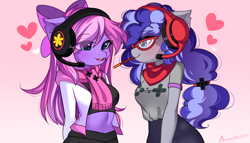 Size: 2949x1688 | Tagged: safe, alternate version, artist:airiniblock, imported from derpibooru, oc, oc only, oc:cinnabyte, oc:lillybit, anthro, earth pony, anthro oc, bow, clothes, headset, pocky game, scarf, skirt