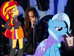 Size: 1428x1080 | Tagged: safe, artist:thor-disciple, sunset shimmer, trixie, human, pony, unicorn, jonathan davis, korn