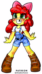 Size: 2066x3623 | Tagged: safe, artist:shadowhawx, imported from derpibooru, apple bloom, equestria girls, adorabloom, boots, bow, clothes, cowboy boots, cute, female, freckles, green eyes, grin, hair bow, overalls, pigeon toed, shoes, simple background, smiling, solo, tooth gap, white background, wrong eye color