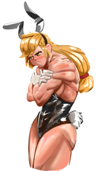 Size: 2160x3840 | Tagged: safe, artist:applephil, imported from derpibooru, applejack, human, applejacked, breasts, bunny suit, clothes, crossed arms, embarrassed, female, frown, gloves, high res, humanized, muscles, muscular female, sideboob, simple background, solo, white background