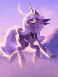 Size: 1536x2048 | Tagged: artist needed, safe, imported from derpibooru, princess luna, alicorn, backlighting, cloud, crown, floppy ears, folded wings, head turned, jewelry, looking up, moon, peytral, regalia, s1 luna, sky, slim, solo, sunset, thin, unshorn fetlocks, wings