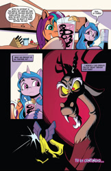 Size: 1279x1977 | Tagged: safe, idw, imported from derpibooru, discord, izzy moonbow, sunny starscout, draconequus, earth pony, pony, unicorn, spoiler:comic, spoiler:g5, spoiler:g5comic, spoiler:g5comic08, ..., apple, blender (object), bracelet, crystal, drinking, drinking straw, female, food, friendship bracelet, frown, g5, grin, jewelry, male, mare, pegasus crystal, smiling, smoothie, snaggletooth, sparkle, to be continued, trio, worried