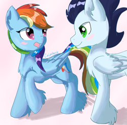 Size: 2427x2386 | Tagged: safe, artist:celedash, imported from derpibooru, rainbow dash, soarin', pegasus, blushing, female, hoof fluff, looking at each other, looking at someone, male, mare, raised hoof, romance, shipping, slim, soarindash, stallion, straight, unshorn fetlocks