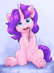 Size: 2300x3100 | Tagged: safe, artist:rivin177, imported from derpibooru, oc, oc:rivin, pony, unicorn, blue eyes, brush, ears, female, frog (hoof), holding, hoof hold, hoofbutt, hooves, horn, mare, open mouth, ponytail, simple background, sitting, solo, underhoof, unicorn oc