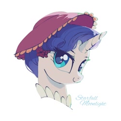 Size: 1080x1080 | Tagged: safe, artist:starfallmoonlight, imported from derpibooru, rarity, pony, unicorn, bust, female, hat, horn, looking at you, mare, simple background, smiling, solo, white background