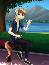 Size: 2250x3000 | Tagged: safe, artist:dash wang, imported from derpibooru, oc, oc:cream brun, anthro, unicorn, camera, clothes, converse, hand, male, scenery, shoes