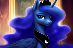 Size: 1920x1280 | Tagged: safe, derpibooru exclusive, editor:dovakkins, imported from derpibooru, princess luna, alicorn, pony, ai content, ai generated, beautiful, crown, ethereal mane, female, folded wings, generator:stable diffusion, jewelry, mare, peytral, regalia, sad, solo, sternocleidomastoid, wings