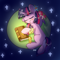 Size: 4724x4724 | Tagged: safe, artist:cro, imported from derpibooru, applejack, fluttershy, pinkie pie, rainbow dash, rarity, twilight sparkle, earth pony, pegasus, pony, unicorn, book, cute, eyes closed, lying down, mane six, sleeping, tiny, tiny ponies, unicorn twilight