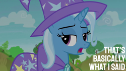 Size: 1920x1080 | Tagged: safe, edit, edited screencap, editor:quoterific, imported from derpibooru, screencap, trixie, pony, unicorn, to change a changeling, cape, clothes, female, hat, looking back, mare, open mouth, solo, trixie is not amused, trixie's brooch, trixie's cape, trixie's hat, unamused