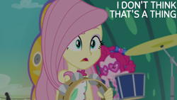 Size: 1920x1080 | Tagged: safe, edit, edited screencap, editor:quoterific, imported from derpibooru, screencap, fluttershy, pinkie pie, human, equestria girls, equestria girls series, spring breakdown, spoiler:eqg series (season 2), bow, confused, cymbals, drum kit, drums, duo, duo female, female, frown, glasses, hair bow, heart shaped glasses, lidded eyes, musical instrument, open mouth, pinkie pie is not amused, reaction image, solo focus, sunglasses, tambourine, unamused