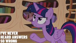 Size: 1920x1080 | Tagged: safe, edit, edited screencap, editor:quoterific, imported from derpibooru, screencap, twilight sparkle, alicorn, pony, testing testing 1-2-3, book, bookshelf, disappointed, female, golden oaks library, gritted teeth, ladder, looking up, mare, reaction image, solo, teeth, twilight sparkle (alicorn), twilight sparkle is not amused, unamused