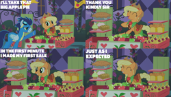 Size: 4400x2475 | Tagged: safe, edit, edited screencap, editor:quoterific, imported from derpibooru, screencap, applejack, soarin', earth pony, pegasus, pony, the best night ever, apple, apple pie, applejack's hat, clothes, cowboy hat, cupcake, dessert, dress, duo, duo male and female, eyes closed, female, food, freckles, fritter, gala dress, grin, hat, male, mare, pie, smiling, stallion, that pony sure does love pies, treats, uniform, wonderbolts uniform