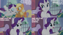 Size: 4400x2475 | Tagged: safe, edit, edited screencap, editor:quoterific, imported from derpibooru, screencap, applejack, rarity, earth pony, pony, unicorn, spike at your service, applejack's hat, cowboy hat, duo, duo female, eyes closed, eyeshadow, female, freckles, frown, grin, hat, hatless, hoof around neck, makeup, mare, missing accessory, open mouth, smiling
