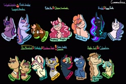 Size: 3371x2255 | Tagged: safe, artist:justdontfall, imported from derpibooru, oc, oc only, oc:baked peach, oc:bat hawk, oc:black diamond, oc:carnation, oc:duchess andromeda, oc:duke orion sky, oc:foxglove, oc:gala apple, oc:honeybee, oc:hot crossed buns, oc:maple glaze, oc:nuthatch, oc:raspberry ripple, oc:snapdragon, oc:stratus, diamond dog, earth pony, pegasus, pony, unicorn, adopted offspring, black background, bowtie, bust, canon x oc, collar, diamond dog oc, diamond puppy, earth pony oc, freckles, half-siblings, hat, horn, magical lesbian spawn, necktie, next generation, offspring, parent:applejack, parent:big macintosh, parent:cheese sandwich, parent:coloratura, parent:fancypants, parent:flash sentry, parent:fluttershy, parent:pinkie pie, parent:rainbow dash, parent:rarity, parent:soarin', parent:tempest shadow, parent:twilight sparkle, parents:cheesepie, parents:flashdash, parents:flashlight, parents:flutterdash, parents:fluttermac, parents:rarajack, parents:raripants, parents:soarindash, parents:tempestlight, pegasus oc, pet tag, simple background, transgender, unicorn oc