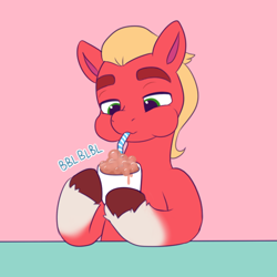 Size: 708x708 | Tagged: safe, artist:malarkey, imported from derpibooru, sprout cloverleaf, earth pony, pony, blowing bubbles, bubble, chocolate, chocolate milk, cute, daily sprout, drinking straw, g5, male, milk, solo, sproutbetes, stallion