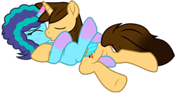 Size: 10239x5456 | Tagged: safe, artist:ejlightning007arts, imported from derpibooru, oc, oc:ej, alicorn, pony, unicorn, alicorn oc, blank flank, butt, canon x oc, coat markings, cuddling, cute, ejmisty, eyes closed, female, freckles, g5, horn, kiss on the lips, kissing, lying down, making out, male, mare, misty brightdawn, my little pony: make your mark, plot, shipping, simple background, snuggling, socks (coat markings), stallion, transparent background, wings