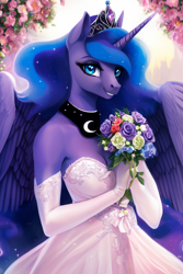 Size: 2816x4224 | Tagged: safe, edit, editor:epsilonwolf, imported from derpibooru, princess luna, alicorn, anthro, ai assisted, ai content, beautiful, bouquet of flowers, breasts, clothes, collar, crown, cute, day, dress, ethereal mane, eyebrows, eyelashes, eyeshadow, female, flower, flowing mane, garden, generator:purplesmart.ai, generator:stable diffusion, gloves, horn, jewelry, looking at you, loving gaze, lunabetes, majestic, makeup, marriage, outdoors, reasonably sized breasts, regalia, smiling, smiling at you, solo, spread wings, tiara, wedding, wedding dress, wings