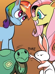 Size: 737x994 | Tagged: safe, artist:andypriceart, idw, imported from derpibooru, angel bunny, fluttershy, rainbow dash, tank, pegasus, pony, rabbit, tortoise, spoiler:comic, spoiler:guardians of harmony, animal, emanata, female, g4, gradient background, group, male, mare, onomatopoeia, poking, quartet