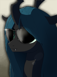 Size: 720x970 | Tagged: source needed, safe, artist:极端唯物, imported from derpibooru, queen chrysalis, changeling, changeling queen, female, friendship is a lie, solo, sunglasses