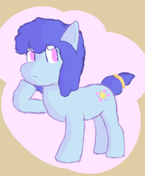 Size: 1520x1840 | Tagged: safe, artist:loustem, imported from derpibooru, oc, oc only, oc:stilbruch tingle, earth pony, pony, beige background, earth, earth pony oc, full body, hair, hooves, mane, pink background, pink eyes, purple hair, purple mane, purple tail, quadrupedal, short hair, short mane, short tail, simple background, standing, tail, thinking