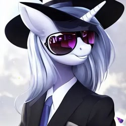 Size: 512x512 | Tagged: safe, imported from derpibooru, oc, oc only, anthro, pony, unicorn, ai content, ai generated, generator:purplesmart.ai, generator:stable diffusion, grin, hat, smiling, sunglasses