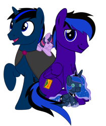 Size: 2139x2552 | Tagged: safe, artist:jennieoo, artist:rd4590, edit, imported from derpibooru, princess luna, twilight sparkle, oc, oc:midnight star, oc:party time mentats, alicorn, pegasus, pony, unicorn, derpibooru community collaboration, 2023 community collab, duo, gay, horn, luna plushie, male, pegasus oc, plushie, simple background, transparent background, twilight sparkle (alicorn), twilight sparkle plushie, unicorn oc