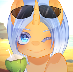 Size: 1873x1856 | Tagged: safe, artist:moocca, imported from derpibooru, oc, oc:aurore soleilevant, pony, unicorn, avatar, beach, coconut, food, horn, looking at you, orange coat, smiling, solo, summer, sunglasses, unicorn oc